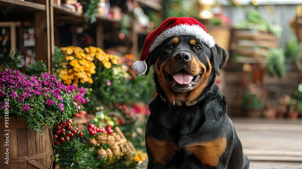 Poster A cheerful Rottweiler dons a Santa hat, sitting happily amidst vibrant flowers and holiday decorations