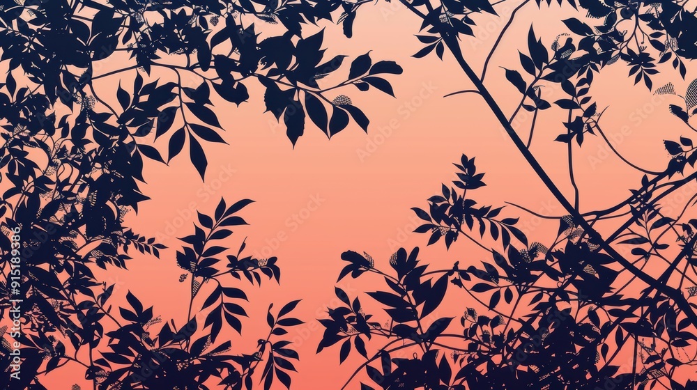 Poster silhouettes of tree branches and leaves are outlined against a vibrant pink sunset sky. the sky fade