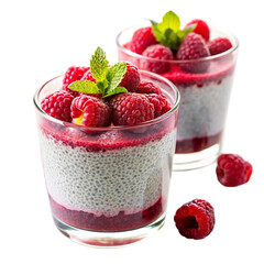 Raspberry chia seed pudding isolated on transparent background.