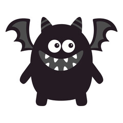 Cute monster icon. Smiling face head. Eyes, wings fang tooth, horns. Black silhouette. Cartoon boo spooky kawaii funny baby character. Happy Halloween. Flat design White background Vector illustration
