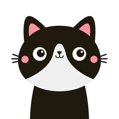 Black White cat. Funny smiling face head. Cute Kawaii cartoon pet animal character. Childish style. Happy Valentines Day Love card banner. Sticker print. Flat design. Isolated White background. Vector