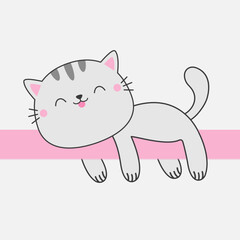 Cat lying on pink ribbon. Peeking gray kitten. Paws hands, legs. Line contour silhouette. Cute cartoon character. Funny Kawaii pet animal. Hand drawn doodle. Flat design. White background. Vector