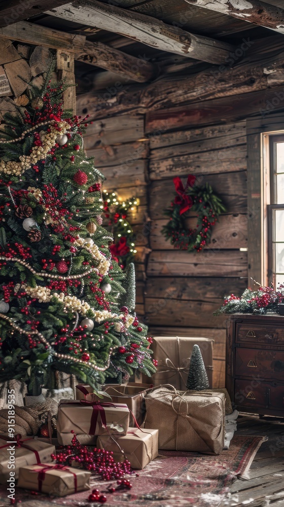 Aufkleber a decorated christmas tree stands tall in a rustic log cabin, surrounded by wrapped presents and a c