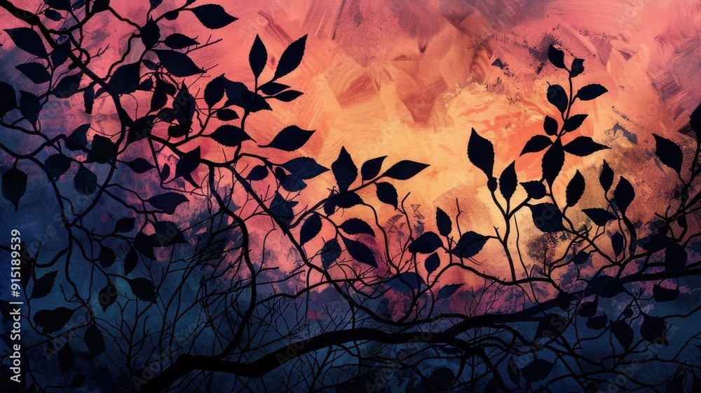 Poster a silhouette of tree branches with leaves against a colorful sunset sky. the branches are dark and t