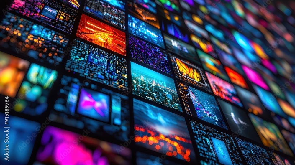 Poster colorful digital panels present a wide range of scenes, including urban landscapes, nature, and abst