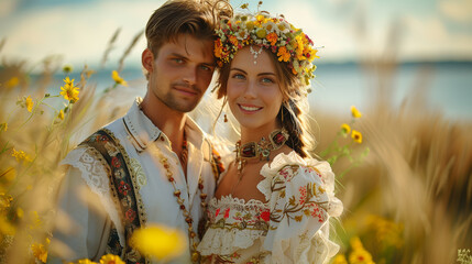 Young Married Lithuanian Couple Standing Together in Grass Field, Wearing Traditional Floral Wreaths and Embroidered Outfits on Their Wedding Day, Celebrating Cultural Heritage Outdoors