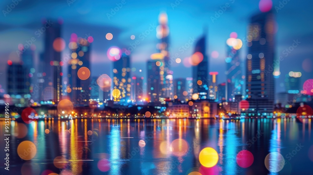 Poster the image shows a nighttime cityscape with tall buildings illuminated by lights. the buildings are b