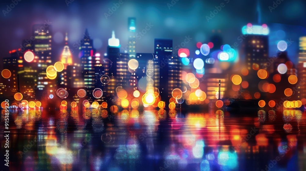 Aufkleber A blurry cityscape with out-of-focus lights reflecting on water at night. Buildings are visible in the background. The lights create a colorful bokeh effect.