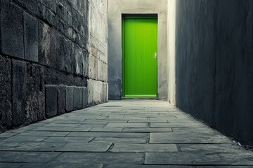 Fototapeta premium A contemporary grey pedestrian alley with smooth surfaces and grey walls is punctuated by a single, brightly colored green door, providing a focal point in the monochromatic setting.
