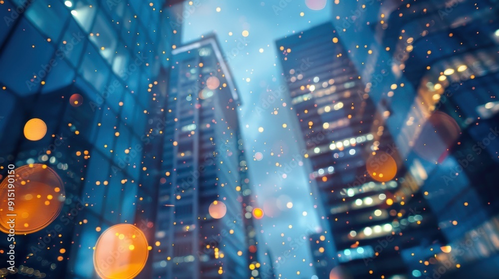 Aufkleber a low-angle view of a city skyline at night, with tall buildings in the background. the buildings ar