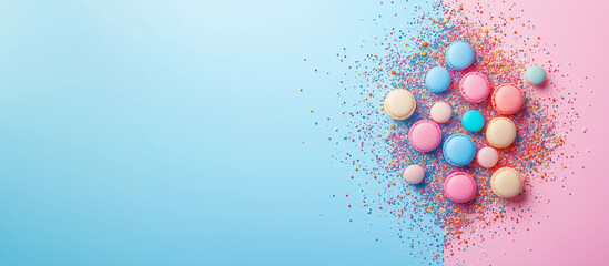 Lux flatlay colorful pastel macarons candies blue pink yellow background bakery dessert chef party planner recipe blogger sweets playful banner copy space happy friendly lux online shop sale campaign