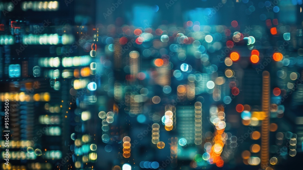 Poster a blurry image of a cityscape at night. the photo was taken from above, looking down at the city lig