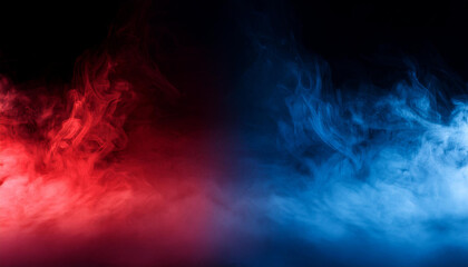 Fototapeta premium Abstract Ethereal Smoke Swirls in Red and Blue Hues Colliding Against a Dark Background, Dynamic Patriotic Themed Background For Political Topics USA Flag Colors Presidential Election Vote