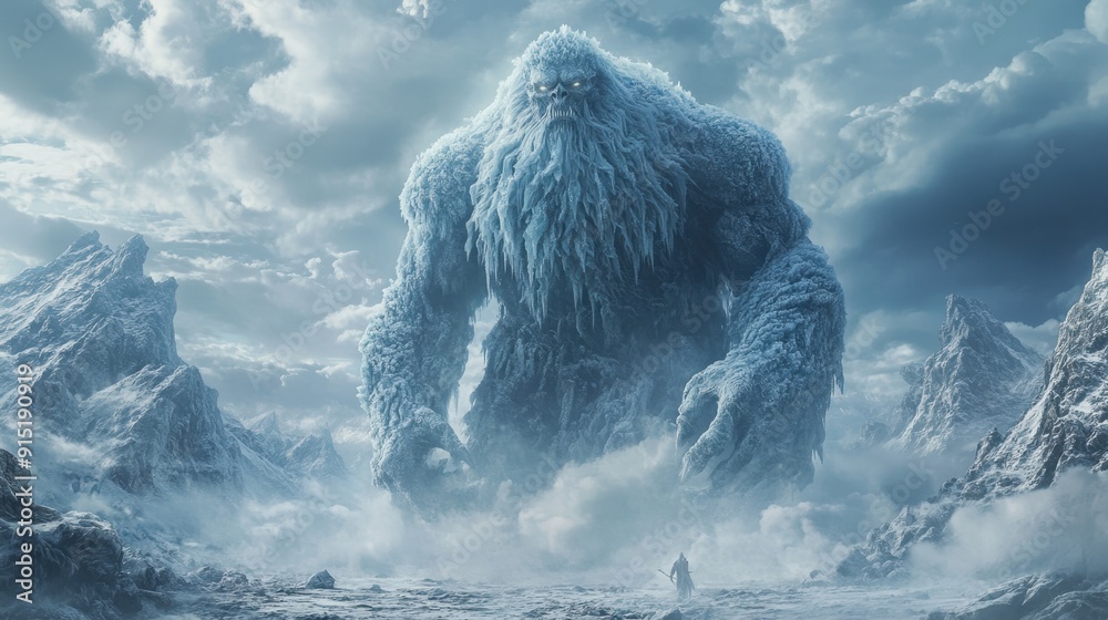 Wall mural Majestic Frost Giant of Norse Mythology Rising from Frozen Terrain with Stormy Sky Background