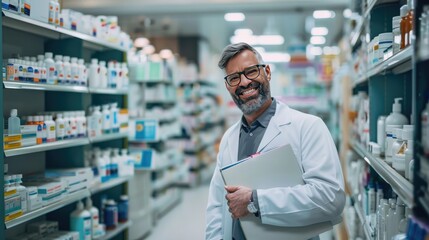 Fototapeta premium Pharmacist consulting with a patient at the counter, discussing medication