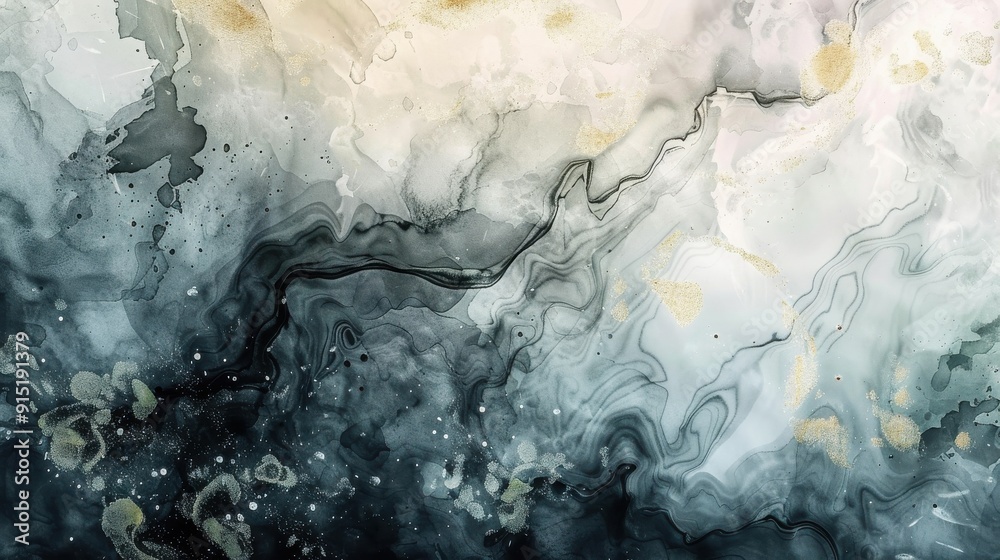 Poster an abstract watercolor painting with flowing, swirling patterns in shades of grey, black, and gold. 