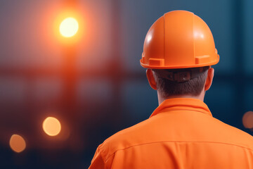 A construction worker in an orange safety helmet observes the surroundings, showcasing dedication and focus on the job site.