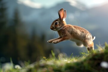 Obraz premium A lagomorph joyfully bounces through a scenic landscape
