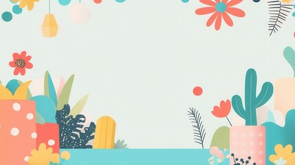 Colorful floral illustration with abstract plants and flowers on a light background. Perfect for spring or summer-themed designs.