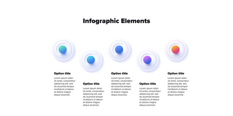 Business process chart infographics with 5 step spheres. Round workflow graphic elements. Company flowchart presentation slide. Vector info graphic in isometric design