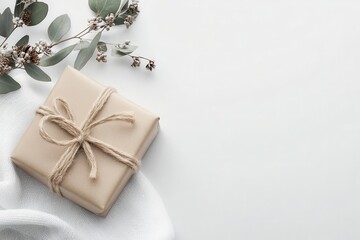 Minimalistic wrapped gift box with a natural twine accent and eucalyptus branches on a white background. Ideal for celebrations and special occasions.