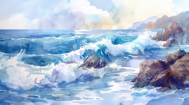 A watercolor painting depicts a seascape with large, foamy waves crashing on rocky outcroppings along the shore. The sky is bright with fluffy white clouds and a hint of sunlight. The water is a vibra