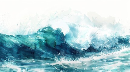 Fototapeta premium A vibrant, abstract watercolor painting depicts a breaking ocean wave. The deep blue and turquoise hues of the water create a dynamic sense of movement, with splashes of white foam adding to the inten