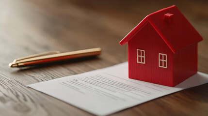 A vibrant red house model placed on a contract, symbolizing real estate investment and home ownership.