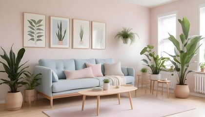 Modern Scandinavian home interior design with an elegant living room showcasing a comfortable gray fabric sofa, a mid-century walnut coffee table, a soft white fluffy carpet, wa