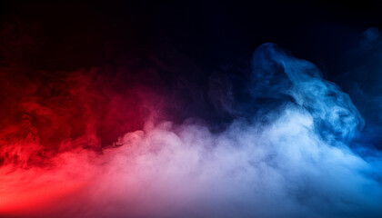 Fototapeta premium Abstract Gradient Smoke in Motion. Vivid Red and Blue Mist Clouds Colliding and Dissipating Against a Black Background. Patriotic Themed Background For Political Topics USA Flag Colors Election Vote