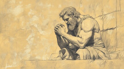 Fototapeta premium Biblical Illustration of Judges: Samson and Delilah, Samson Praying to Lord for Strength One Last Time in Philistine Temple, Bible Wall Art on Beige Background
