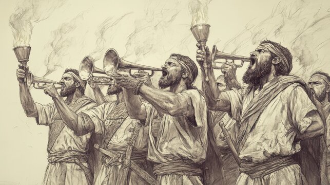 Biblical Illustration of Judges: Gideon&rsquo;s Victory Over the Midianites, Gideon and Men Blowing Trumpets, Breaking Jars, Holding Torches High in Night, Bible Wall Art on Beige Background