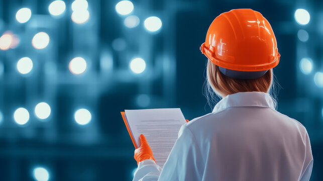 A worker in an orange safety helmet reviews documents in a bright, industrial setting, showcasing workplace safety and diligence.