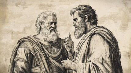 Fototapeta premium Biblical Illustration of Judges: Samson’s Marriage and Riddle, Samson’s Parents Expressing Concerns About His Choice, Urging to Marry Israelite Woman, Bible Wall Art on Beige Background