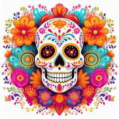 Day of the dead party, sugar skull or halloween holiday. Traditional Mexican festival, skull with makeup and flowers. Halloween Day of the Dead celebration.