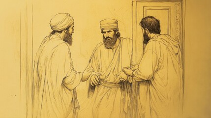 Naklejka premium Biblical Illustration of Judges: Micah’s Idols, Levite Accepting Micah’s Offer, Becoming His Priest and Serving at Household Shrine, Bible Wall Art on Beige Background