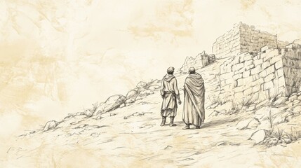 Biblical Illustration of Judges: The Conquest of Canaan, Caleb Asking Joshua for Hill Country of Hebron as Inheritance, Bible Wall Art on Beige Background