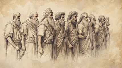 Naklejka premium Biblical Illustration of Judges: Return of Benjaminites, Fathers and Brothers of Shiloh Women Protesting Abduction to Israelites, Bible Wall Art on Beige Background