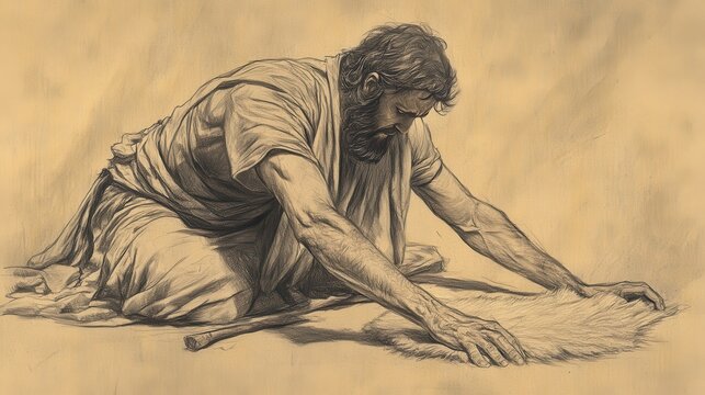 Biblical Illustration of Judges: Gideon&rsquo;s Call and Signs, Gideon Laying Out Fleece of Wool on Threshing Floor, Asking God for Sign, Bible Wall Art on Beige Background