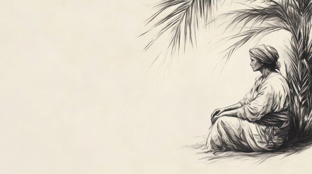 Biblical Illustration of Judges: Deborah and Barak, Deborah Sitting Under Palm Tree, Judging People of Israel with Wisdom and Authority, Bible Wall Art on Beige Background
