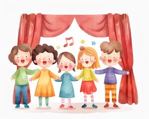 Cheerful children singing together on stage with colorful curtains, celebrating creativity and friendship in a playful setting.