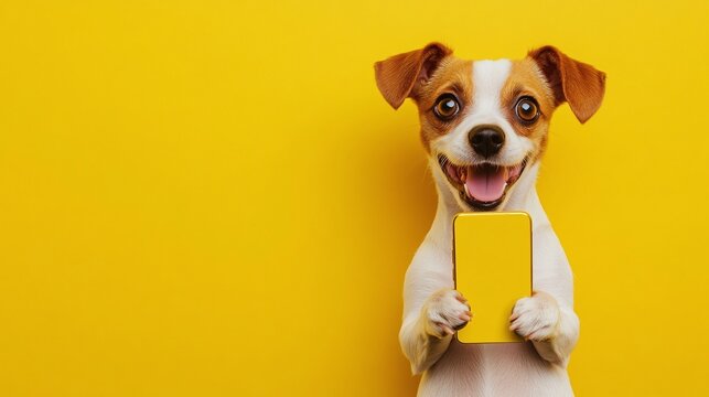 Funny puppy dog shocked hold yellow mobile cell phone isolated on yellow background. Cute dog holds phone surprised shopping concept. For advert, poster, app, web, sale