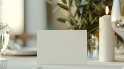 An elegantly set dining table with a blank placeholder card, surrounded by greenery and soft candlelight, creating a warm and inviting ambiance.