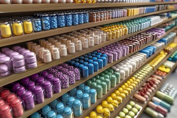 Colorful Shelves Filled with Bottles and Capsules in a Pharmacy Representing the Abundance and Diversity of Modern Medicines