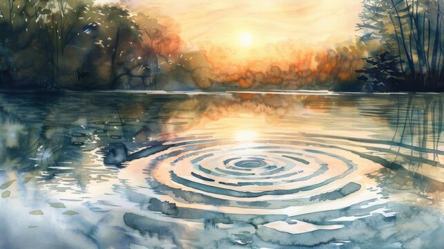 The sun sets over a tranquil lake, its golden light reflected on the still water. A single ripple radiates outward, creating concentric circles that distort the reflection. Trees line the shores, thei