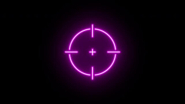 Neon aim cross, target search and aiming animation. Glowing neon target icon, looped animation. Crosshair, gun aim, sniper target, bullseye, precise shoot, hunting, target audience. Blue, magenta