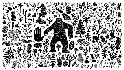 weirdo doodle black linocut cute cryptozoology big foot nature weirdo different elements isolated on 100% white background, texture, pattern, background