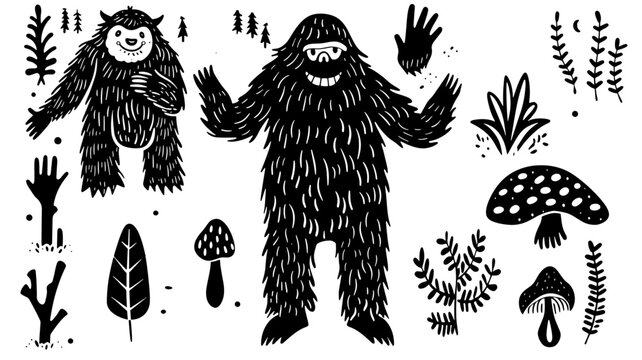 Doodle black linocut cute weird cryptozoology crypto bigfoot animal different elements isolated on 100% white background, Texture, background, pattern
