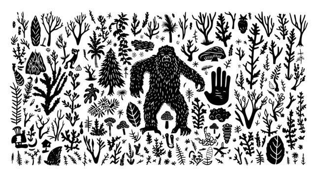 weirdo doodle black linocut cute cryptozoology big foot nature weirdo different elements isolated on 100% white background, texture, pattern, background