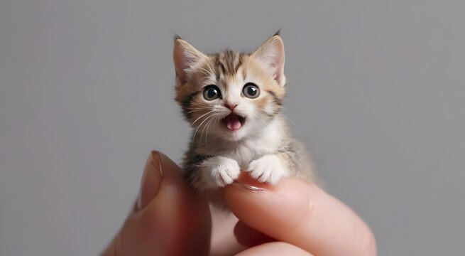cute tiny kitten with funny look, meme creation, kitten on finger